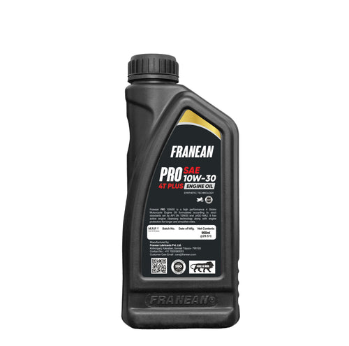 Black bottle of Franean engine oil on a white background